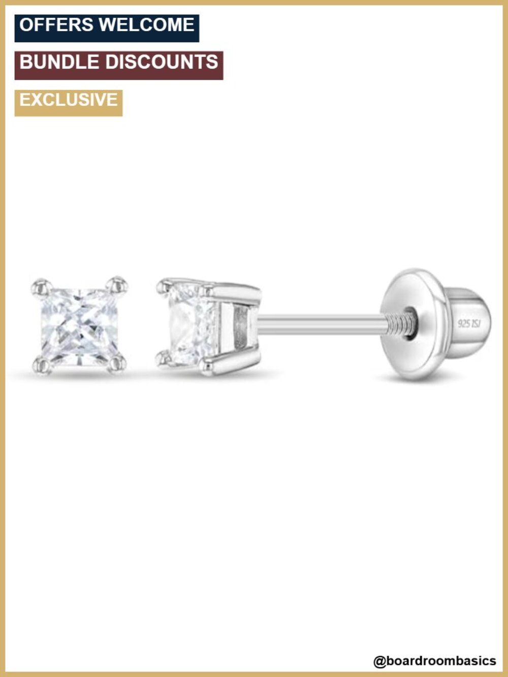 Sterling Silver Princess Cut Screw Back Earrings for Kids